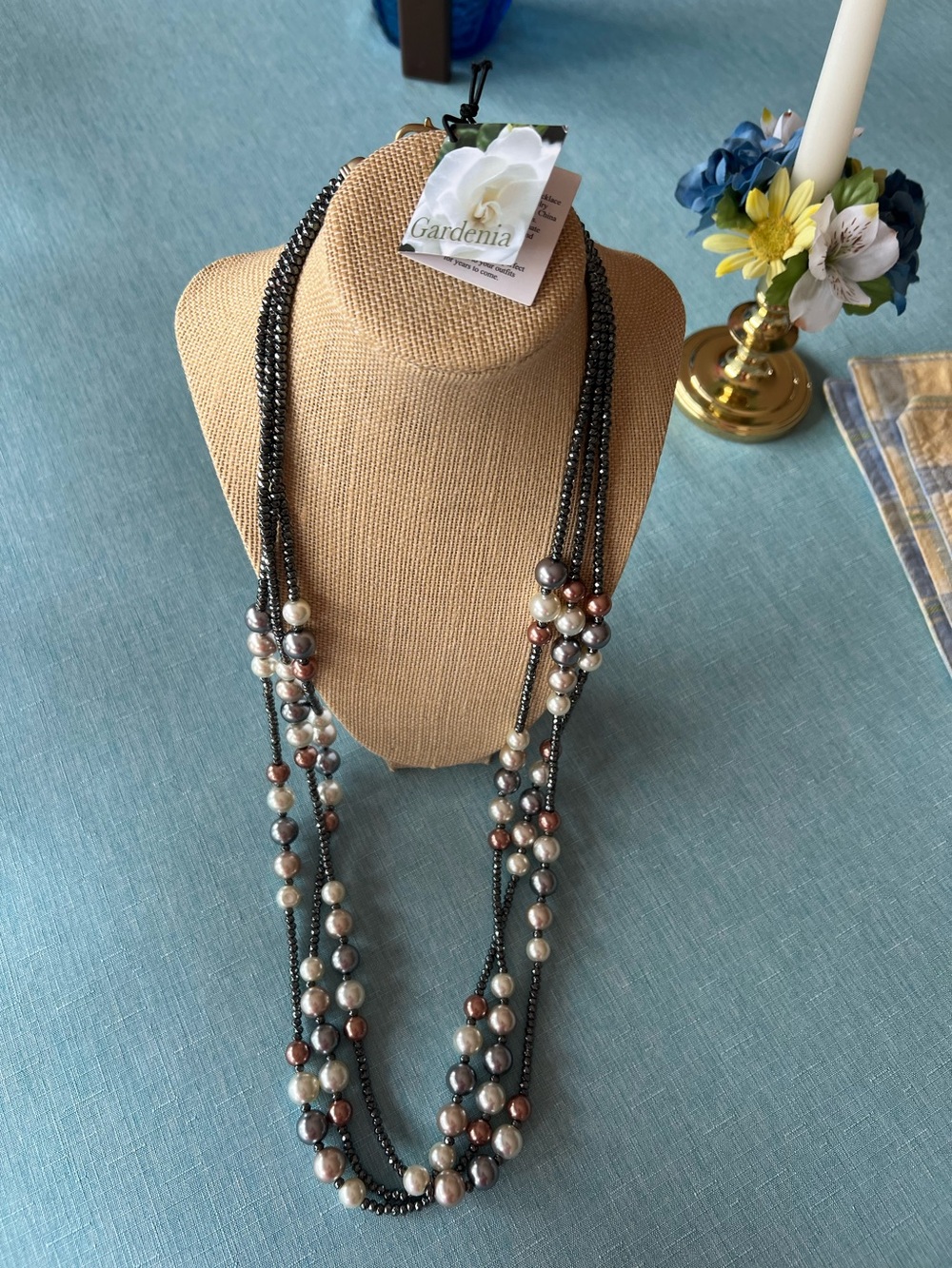 NWT Gardenia 36 black bead necklace with grey, bronze and white pearls